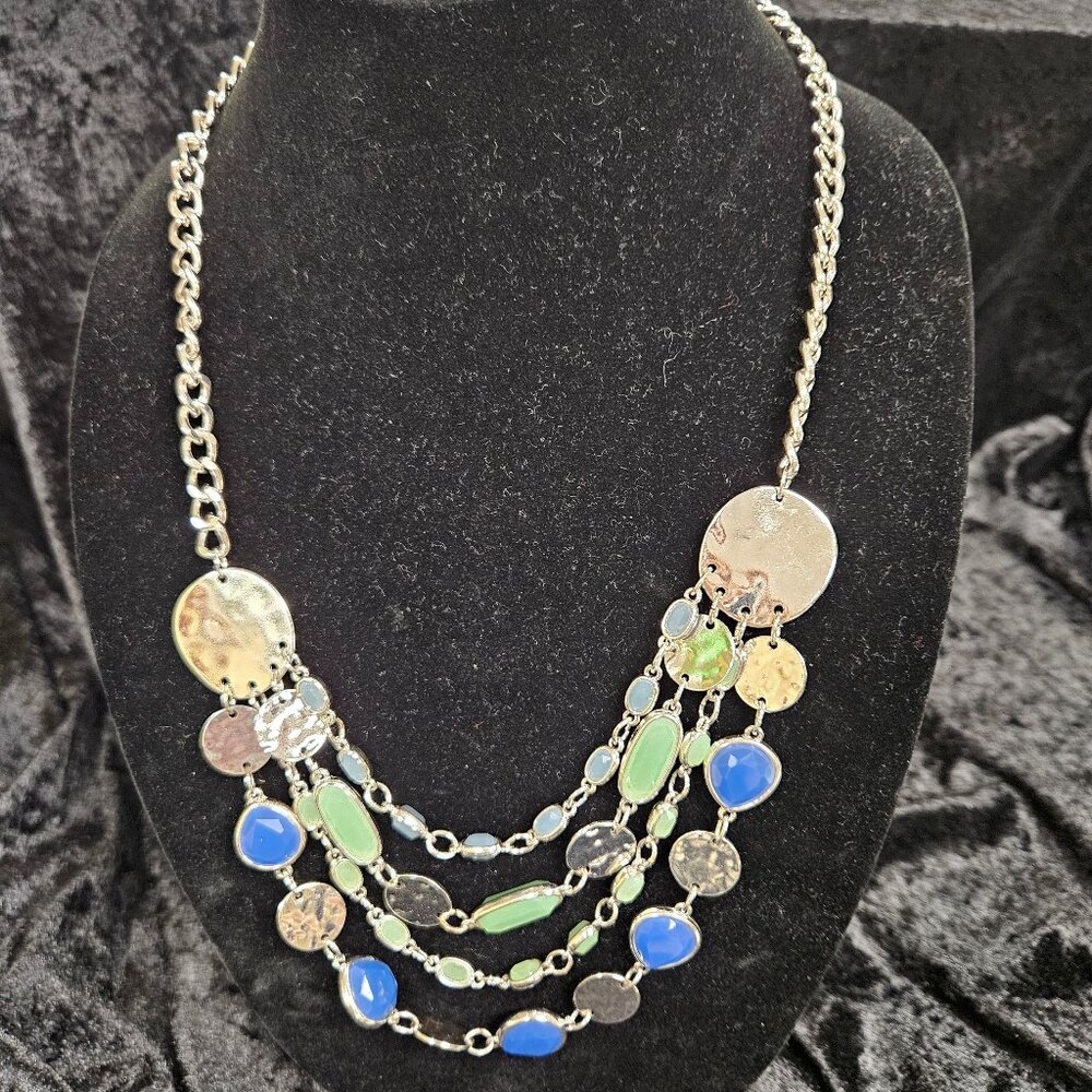 Multi-Layered Necklace with blue/green stones - silver toned